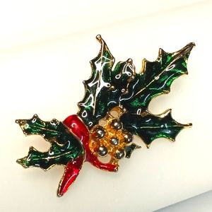 Vintage Christmas Stained Glass Holly Berries Brooch 2.25"